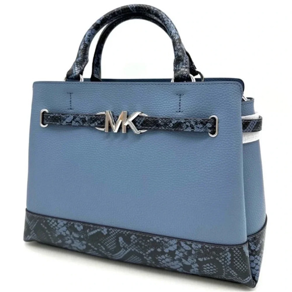 Michael Kors Large Reed Belted Satchel Crossbody Bag Denim Blue Snakeskin - Picture 1 of 12